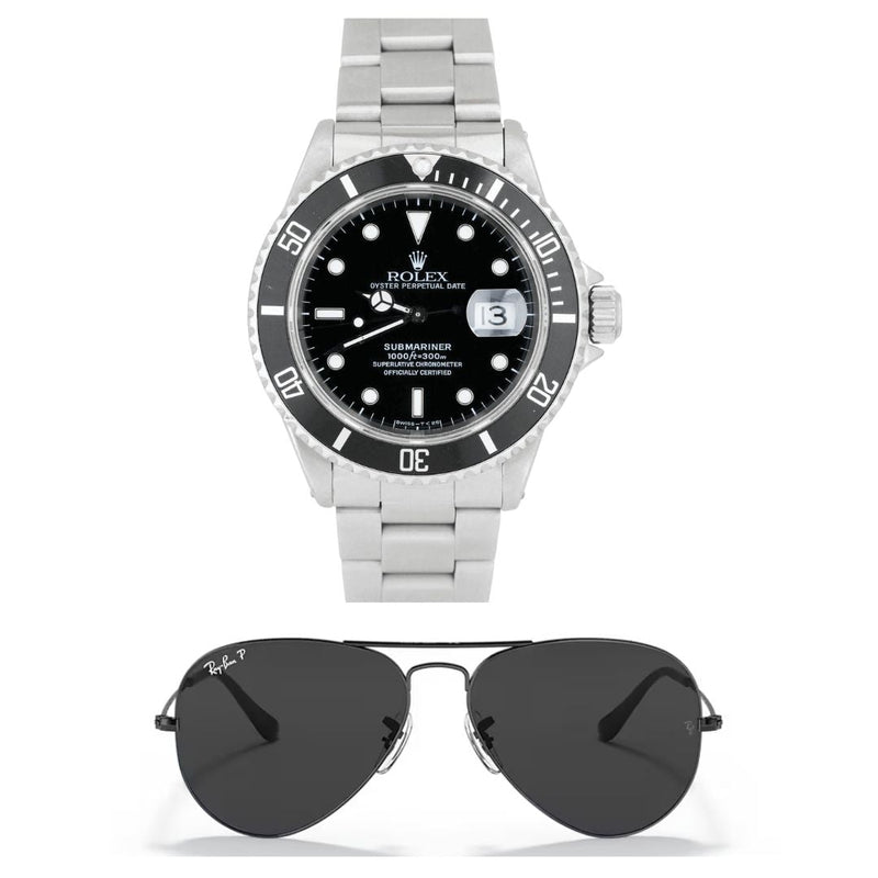Combo Reloj Rolex Plata Negro + Gafas Rayban